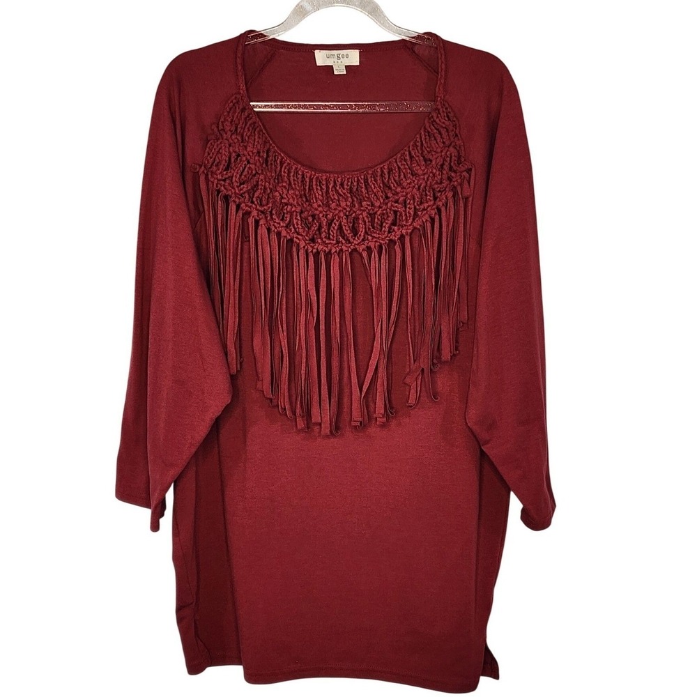 Umgee Tunic Top Large Burgundy Macrame Fringe Crochet‎ Boho Festival 3/4 Sleeve